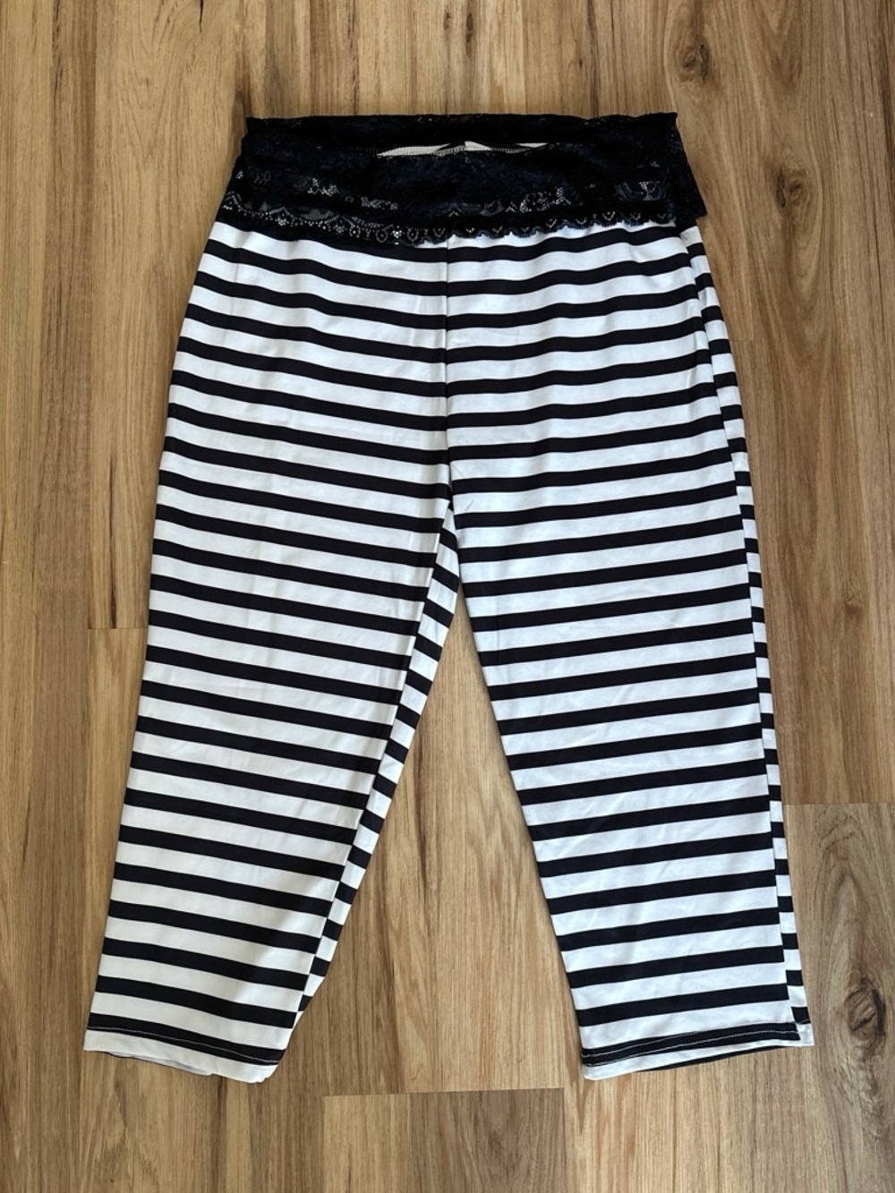 Black & White Striped Capri Pants with Lace Waistband